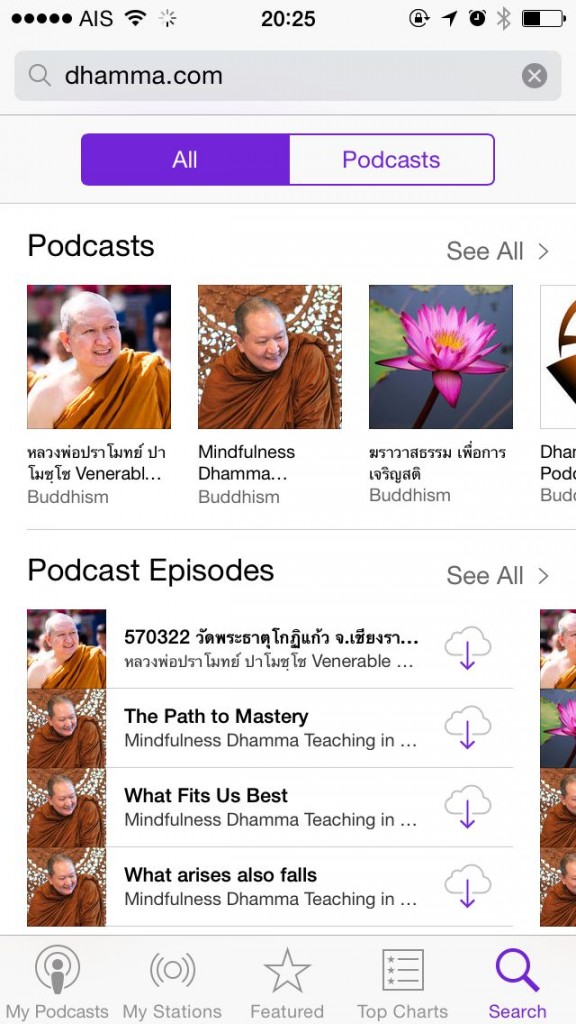 ผลการค้นหา ขึ้นเป็น podcast และ episode ต่างๆ ให้เลือก podcast ที่ต้องการด้านบน